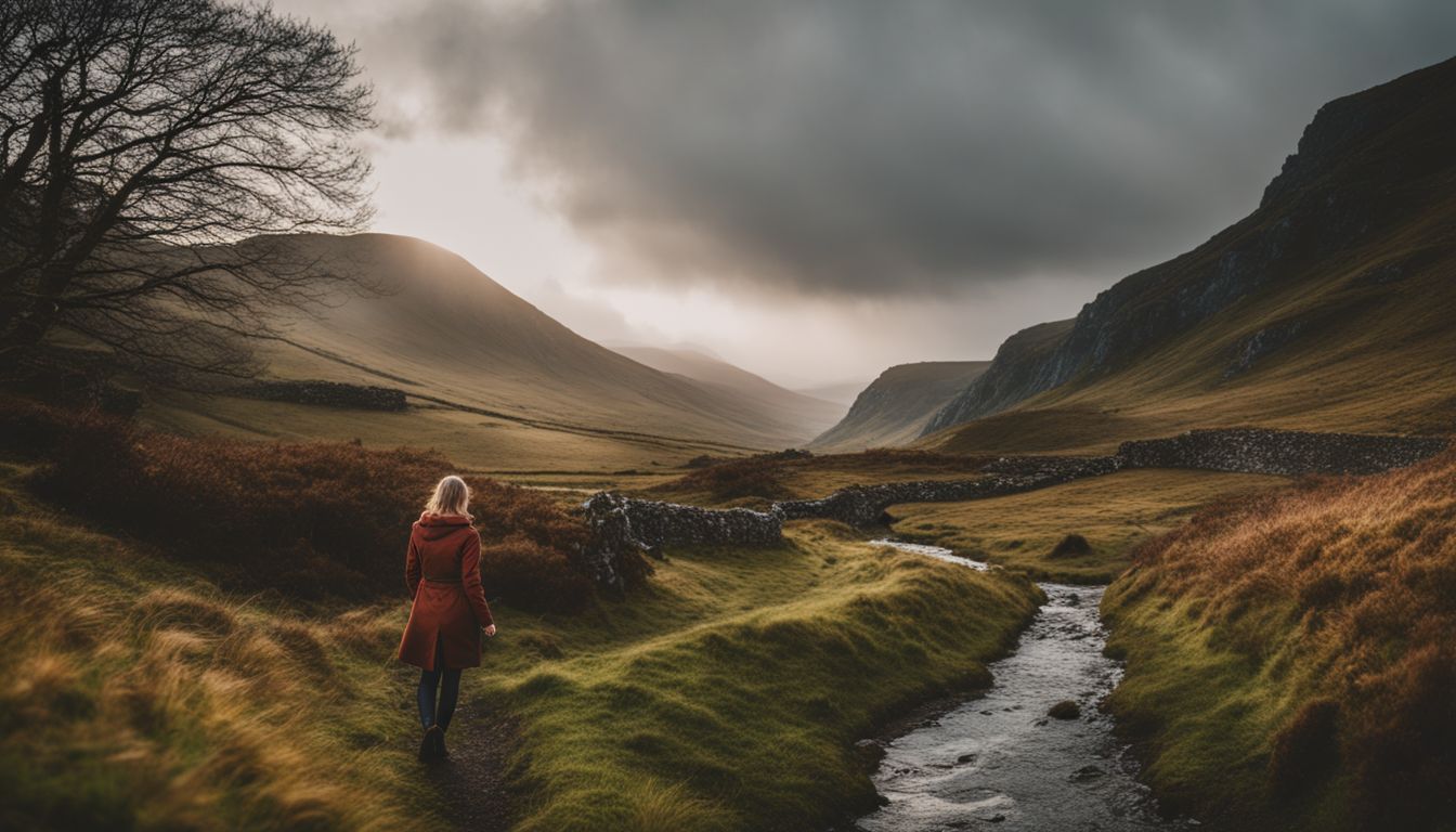 A solitary figure in a red coat walking beside a small stream in a vast, moody valley.