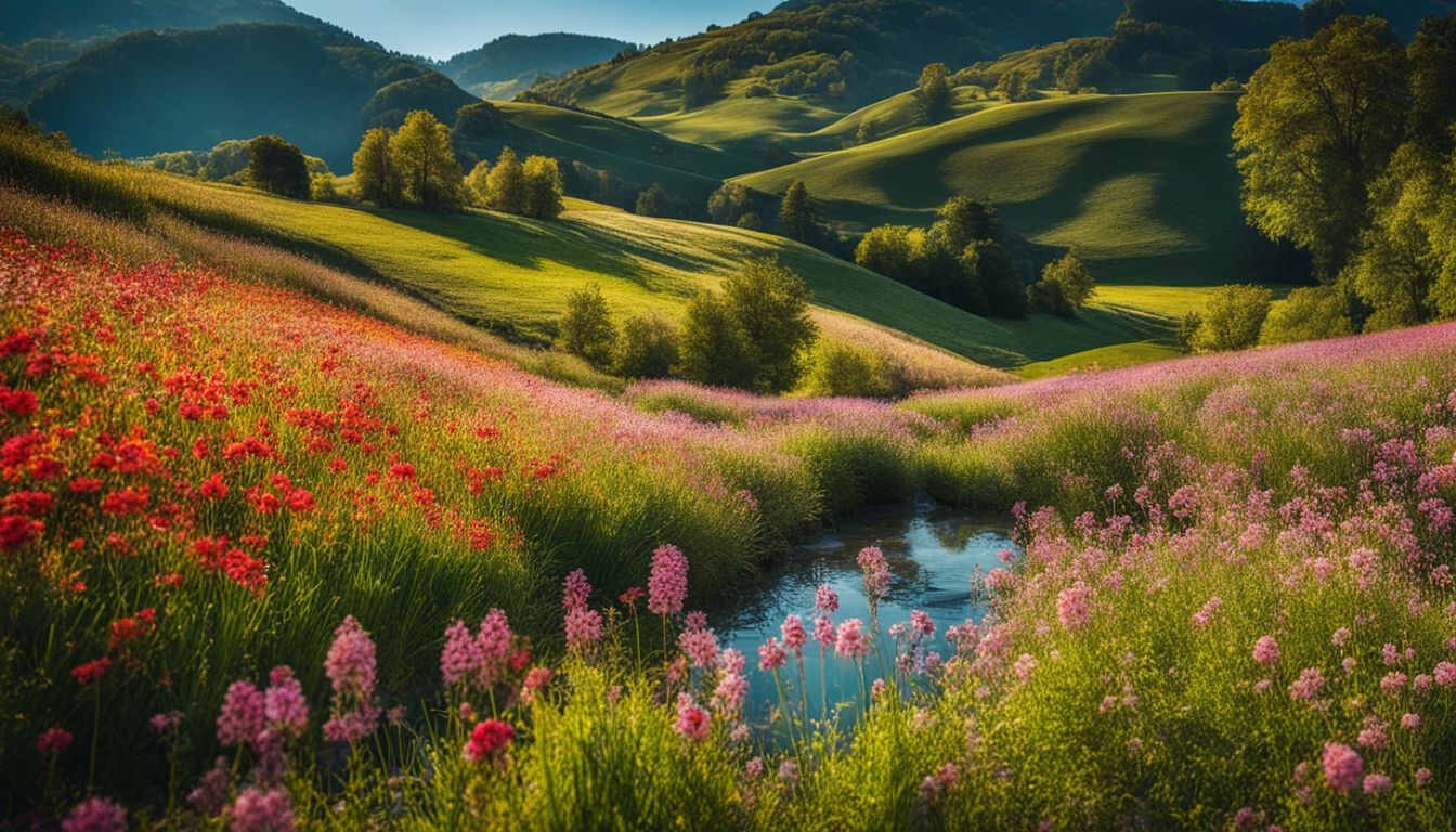 Lush meadow with a meandering stream flanked by vibrant pink flowers under a golden sunlight.
