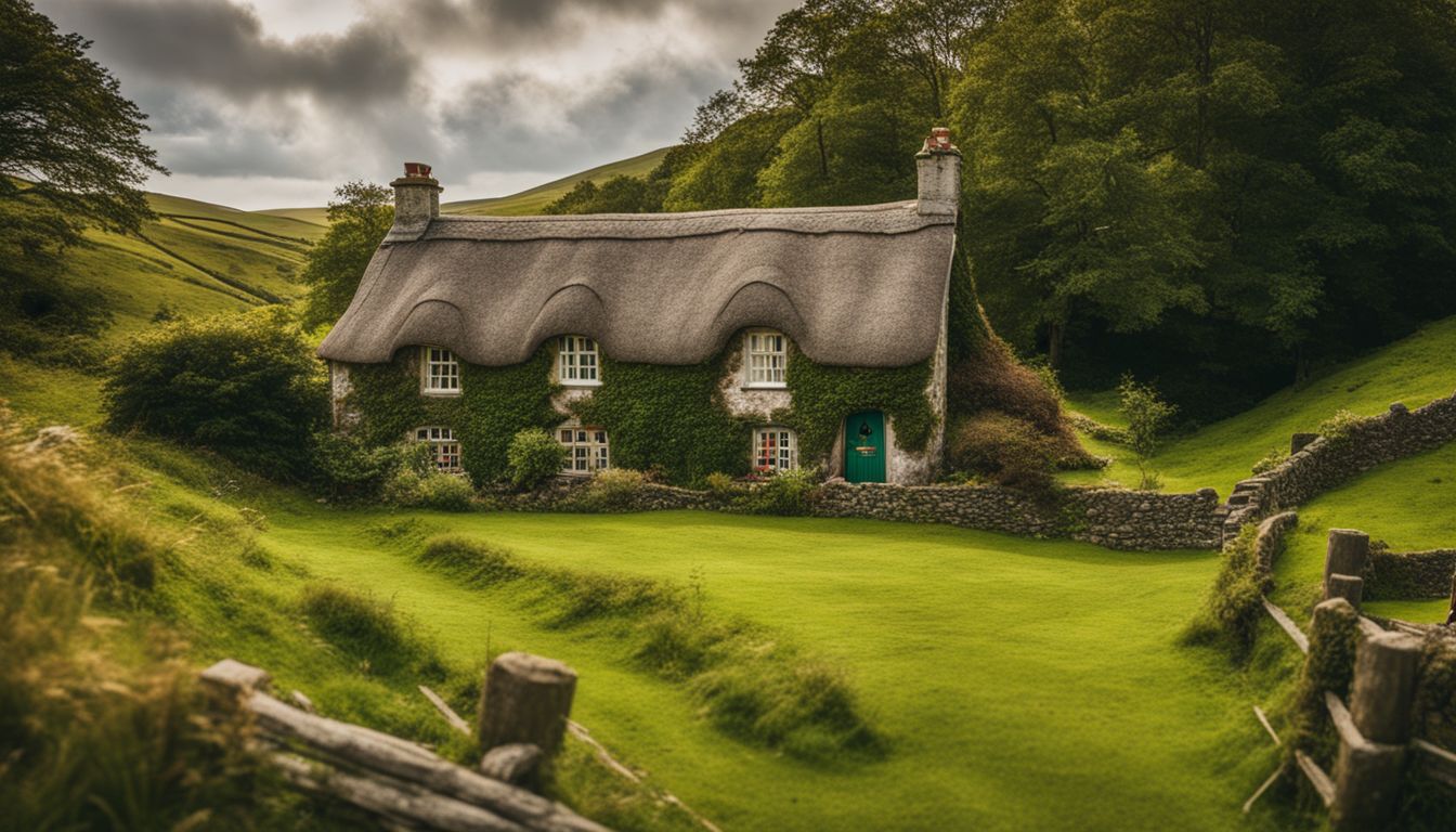 Quaint thatched cottage nestled in a lush green valley.