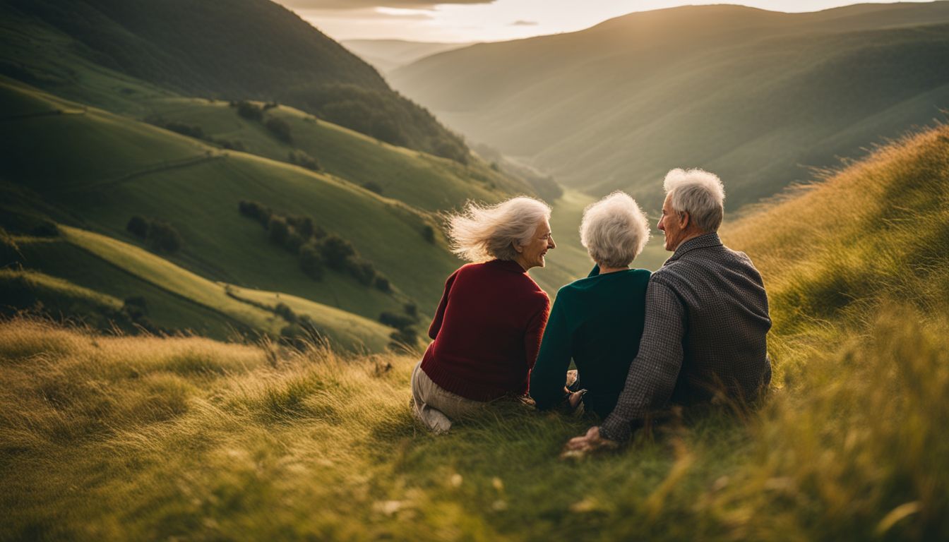 Three elderly individuals sitting on a grassy hillside, enjoying a view of a valley during sunset.