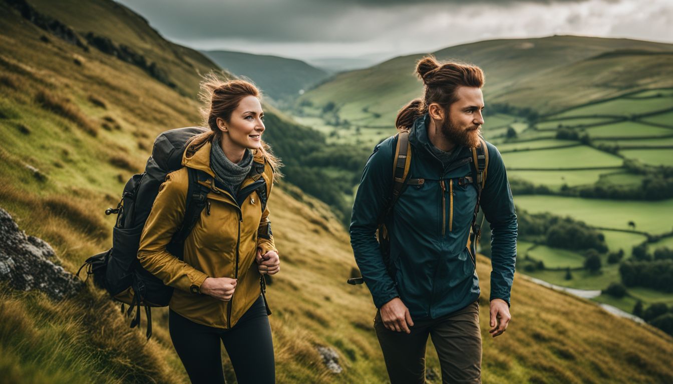 Two hikers with backpacks walking in a green hilly landscape.