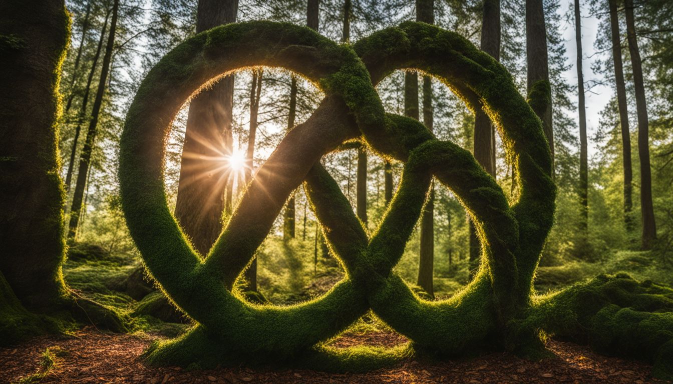 Sunlight streams through a moss-covered forest installation consisting of interlinked circles.