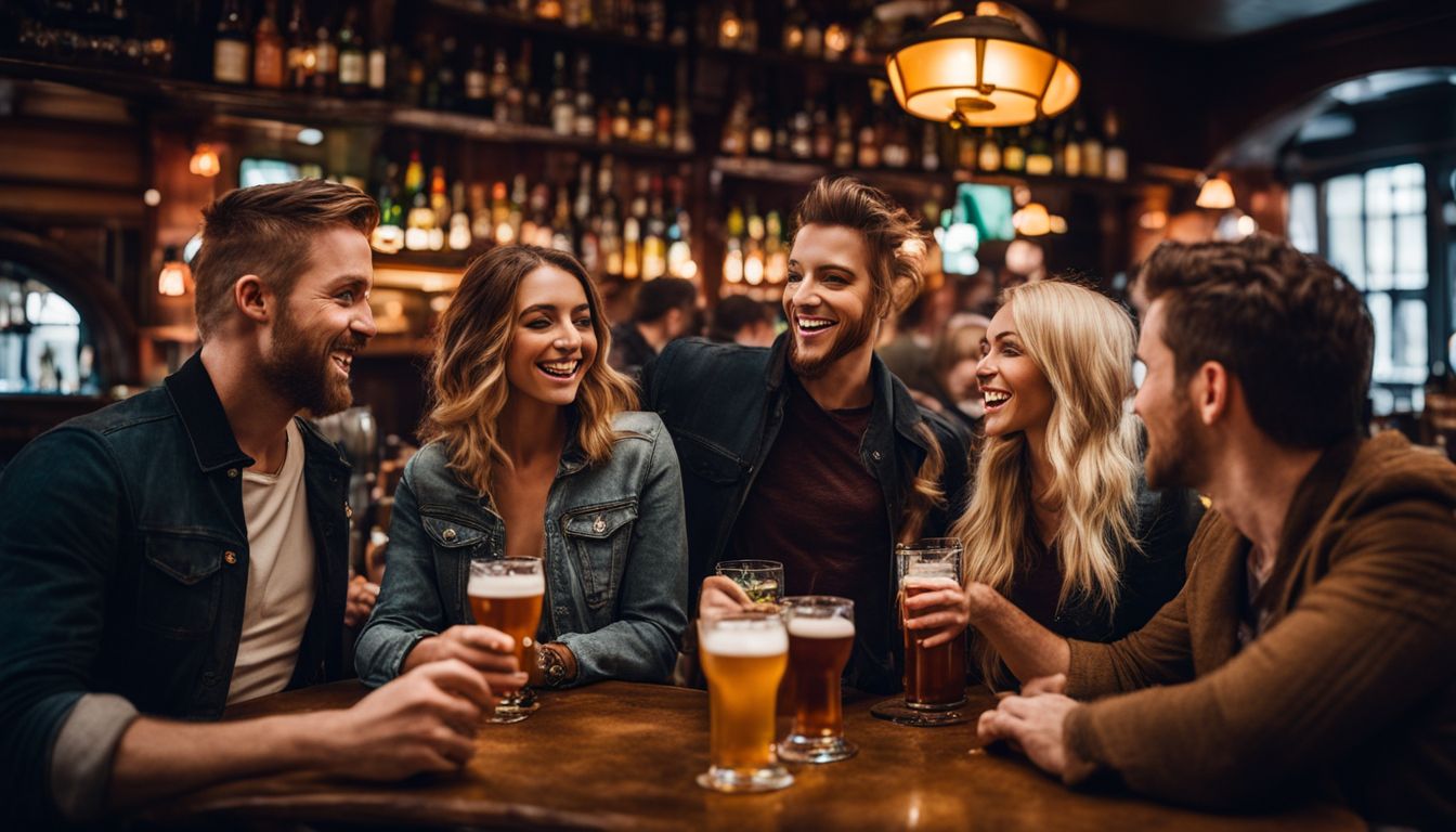Group of friends enjoying drinks and conversation at a bar.