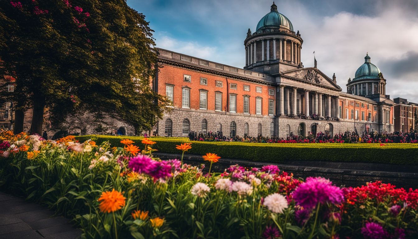 Blooming flowers in the foreground with the historic architecture of a grand building under a cloudy sky in the background.