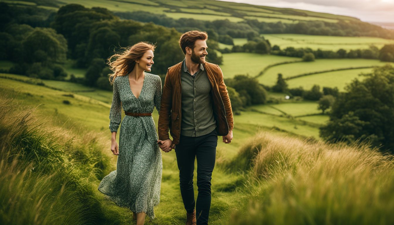 A couple holding hands and walking through a countryside field at dusk.