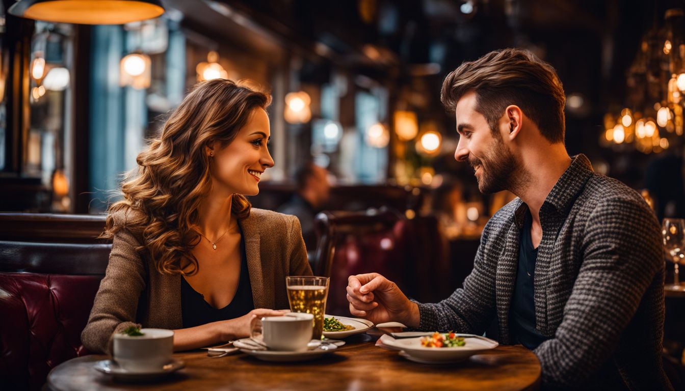 A couple enjoying a meal together in a cozy restaurant setting.