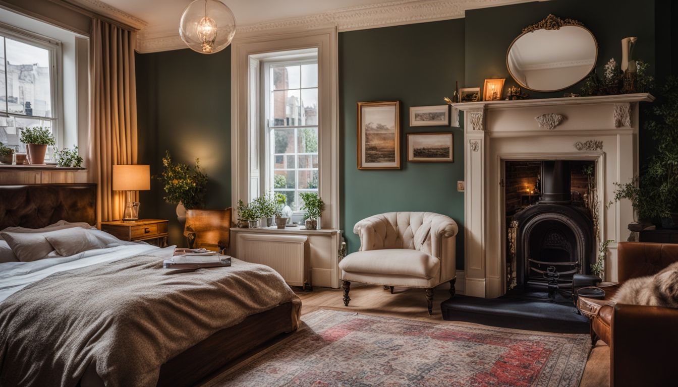 Elegant bedroom with a vintage aesthetic, featuring a fireplace and classic furnishings.